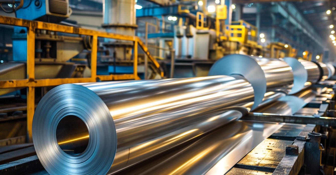 Aluminum sheets being shaped in a factory