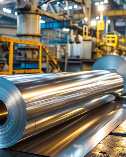 Aluminum sheets being shaped in a factory